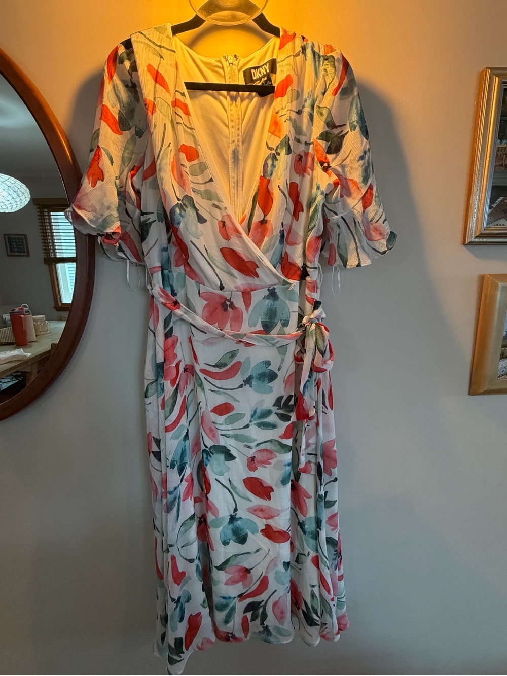 DKNY White Wrap Midi Dress with Coral and Teal Floral Print
